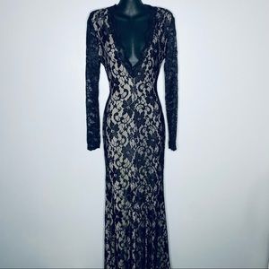 Italian Black Lace Over Nude Long Sleeve Floor Length Dress